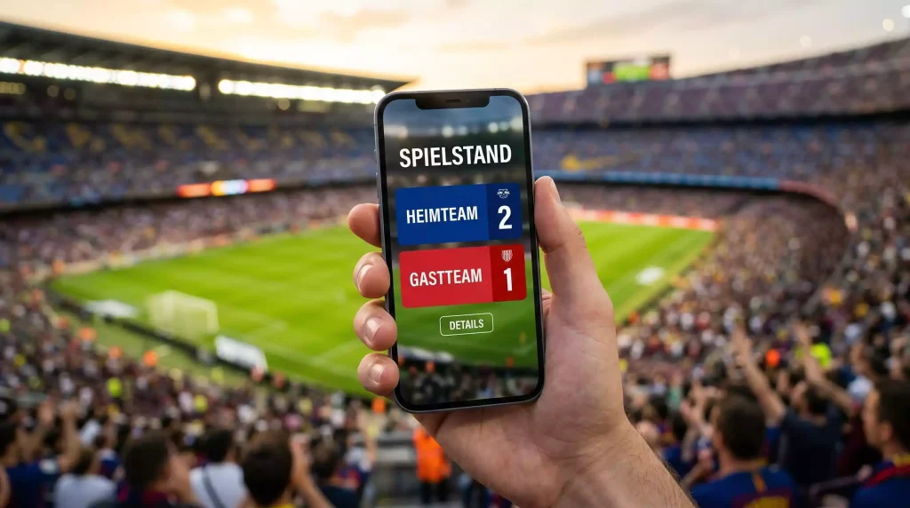 Beste Live Wetten App — Smartphone in Hand mit Fußballfeld im Hintergrund