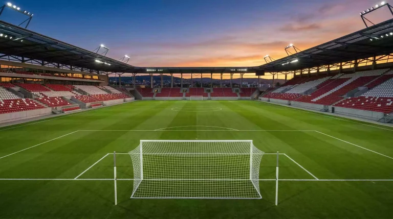 Bundesliga Live Wetten Tipps — Fußballstadion mit Flutlicht bei Abenddämmerung