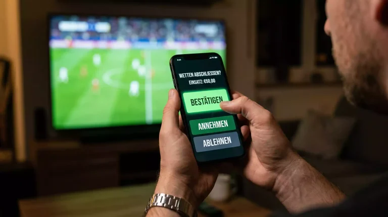 Cash Out bei Live Wetten — Hand berührt Smartphone-Bildschirm mit Sportwetten-Anzeige