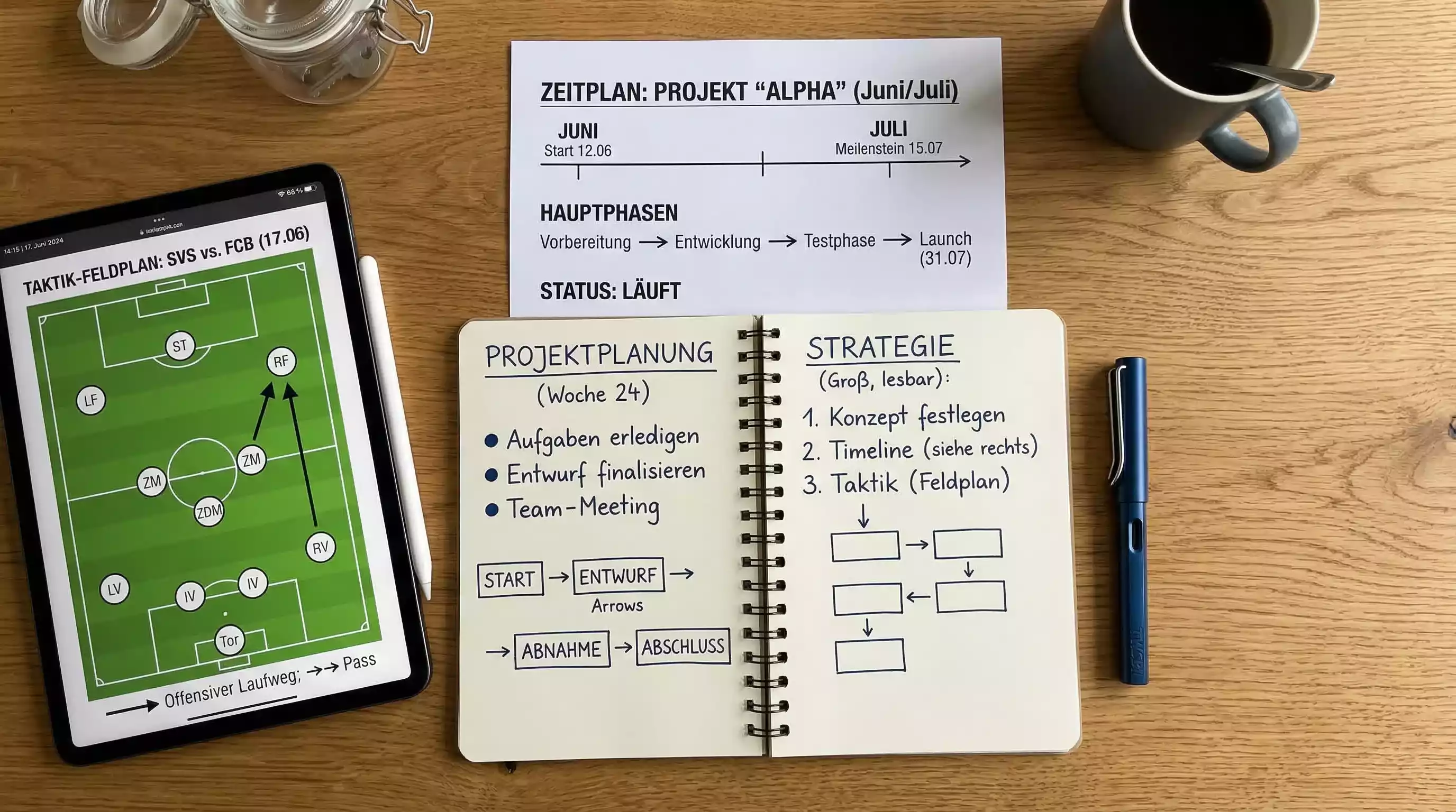 Notizblock mit Fußball-Wettstrategien und Bankroll-Management auf Schreibtisch