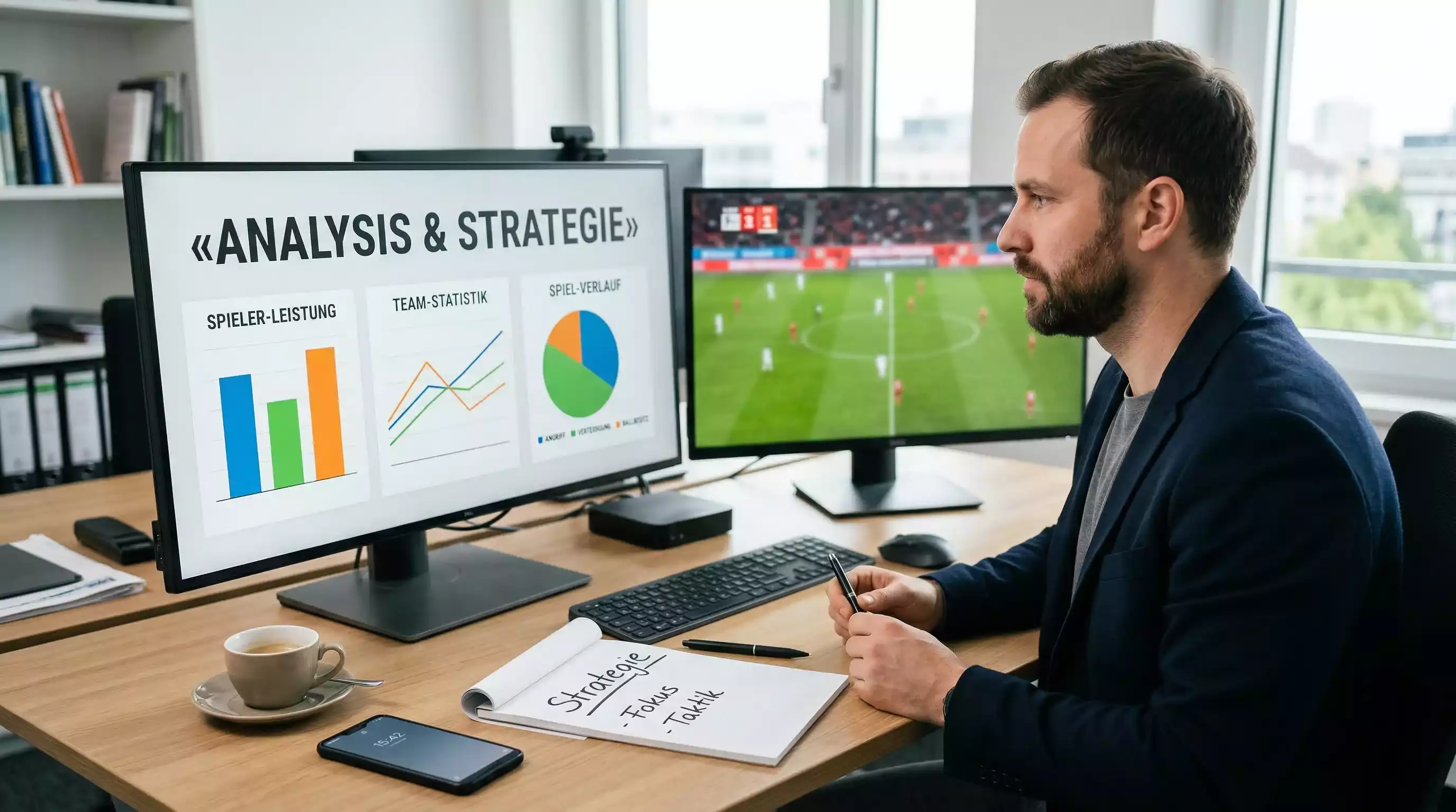 Analyst beobachtet Fußballspiel mit Statistik-Dashboard für Live-Wetten Quotenberechnung